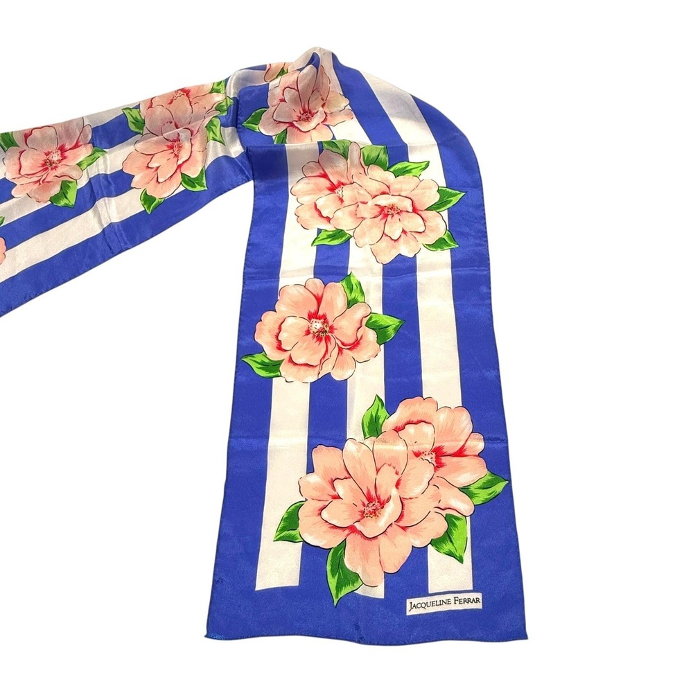 Jacqueline Ferrar Silk Scarf Vintage Floral Blue White Striped Japan 10 x 51" - Picture 2 of 5